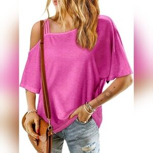 Pink Asymmetrical Women's Cold Shoulder Top